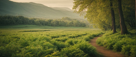 Panoramic view of a path in the middle of a green fieldの素材