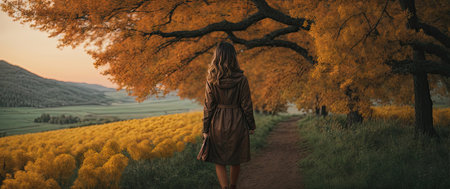 Beautiful young woman in a dress walking through the autumn forest.の素材