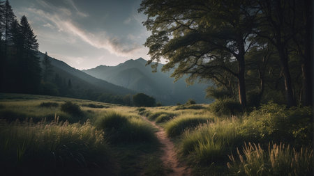Sunset in the mountains with a trail leading to the valley.の素材