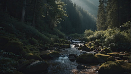 Mountain river in the forest in the morning. Beautiful nature sceneryの素材