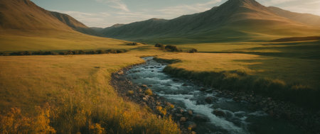 Panoramic view of a mountain river in the grassland at sunsetの素材