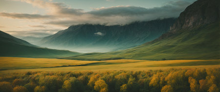 Panoramic view of green meadow at sunset. Beautiful summer landscape.の素材