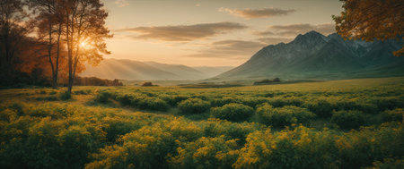 Sunset in the mountains. Panoramic view of a meadow with yellow flowers.の素材