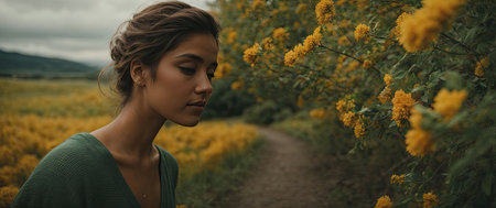 Beautiful young woman in a field of yellow flowers. Selective focus.の素材