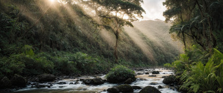 Panoramic view of a river flowing through the rainforest.の素材