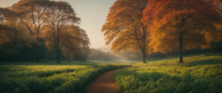 Beautiful autumn landscape with foggy meadow and trees at sunsetの素材