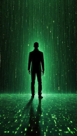 Silhouette of a man in front of a green matrix backgroundの素材