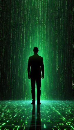 Silhouette of hacker standing in front of green binary code backgroundの素材