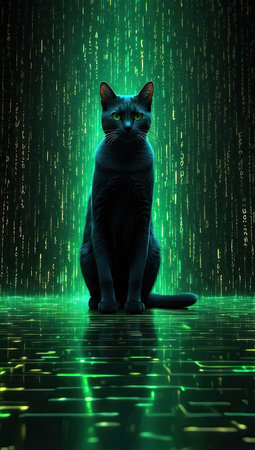 Black cat sitting in front of digital background with binary code and green lightの素材