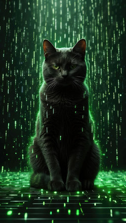 Black cat with green eyes sitting under the rain on a dark backgroundの素材