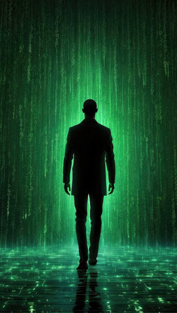 Silhouette of hacker standing in front of glowing binary code backgroundの素材
