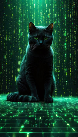 Black cat sitting on digital background with green glowing lines and binary codeの素材