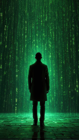 Silhouette of a hacker in front of a binary code backgroundの素材
