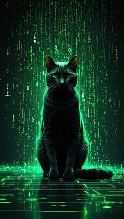 Black cat sitting in front of glowing green binary code on dark backgroundの素材