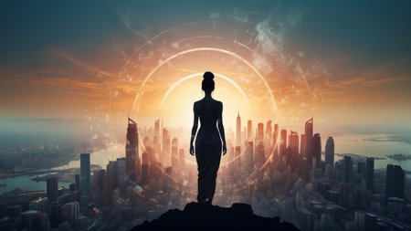 Businesswoman standing on top of a hill and looking at the cityの素材