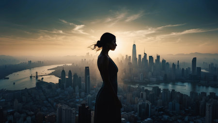 Silhouette of a woman in a long dress against the background of the city.の素材