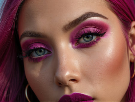 Close-up portrait of a beautiful girl with pink hair and bright makeupの素材