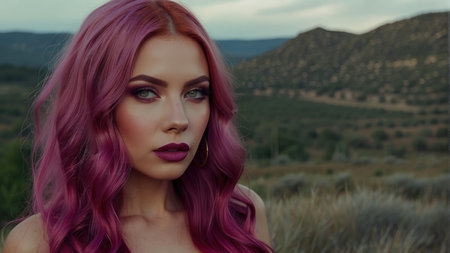 beautiful girl with pink hair on the background of a mountain landscapeの素材