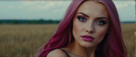 Beautiful girl with pink hair on a wheat field in the eveningの素材