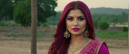 Beautiful indian girl with pink hair and makeup on the beachの素材