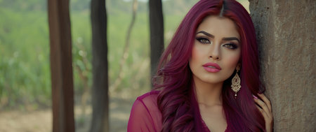 Portrait of a beautiful young woman with long purple hair and makeupの素材