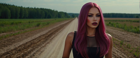 Beautiful girl with pink hair on the road in the field.の素材