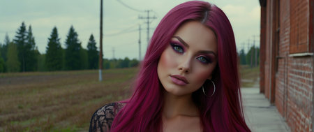 Beautiful young woman with pink hair in the field. Portrait of a girl with long straight hair.の素材