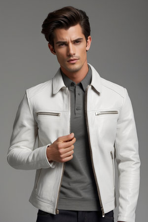 handsome young man in white leather jacket looking at camera isolated on greyの素材