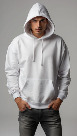Handsome young man in white hoodie, isolated on gray backgroundの素材