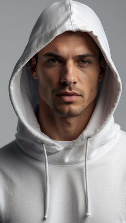 Portrait of a handsome young man in a white hooded sweatshirtの素材