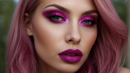 Closeup portrait of beautiful young woman with pink hair and bright makeupの素材