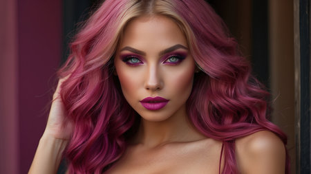 Close-up portrait of beautiful young woman with pink hair and bright makeupの素材