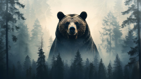 Grizzly bear in a foggy forest. 3d renderingの素材