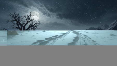 Fantasy landscape with dead trees in the snow and full moon.の素材