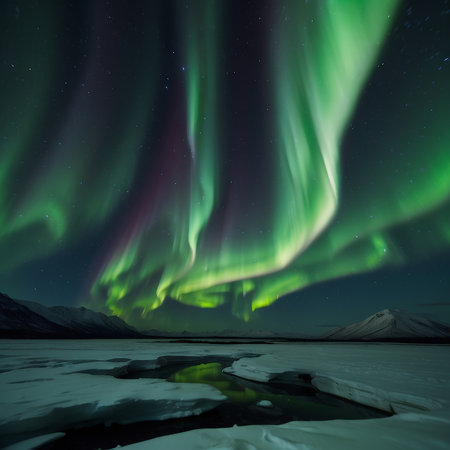 Aurora borealis, northern lights over fjord in Icelandの素材