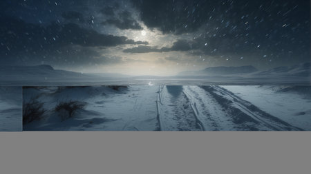 Winter landscape with frozen lake and snowdrift. 3d renderの素材