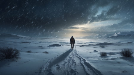 Man walking in the snow in winter. 3D Rendering.の素材