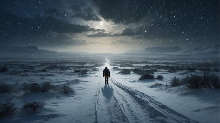 Man walking on snow road in winter landscape. 3D Renderingの素材