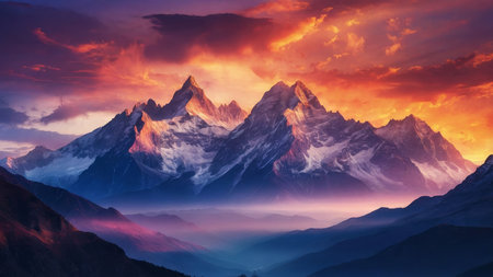 Panoramic view of Himalaya mountains at sunrise, Nepal.の素材