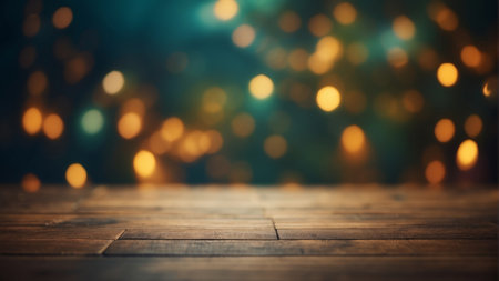 Wooden table in front of bokeh lights. Christmas backgroundの素材