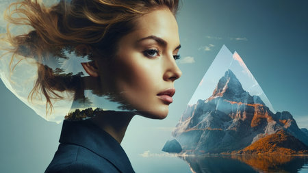 Image of young businesswoman looking at virtual interface with mountains on backgroundの素材