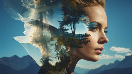 Double exposure of beautiful woman face and nature landscape. Beauty and fashion concept.の素材