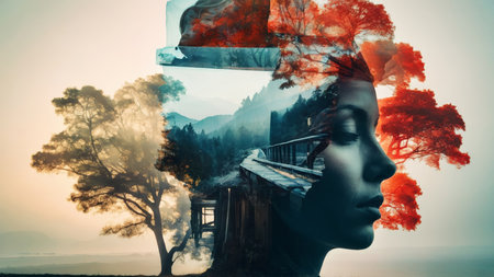 Double exposure of a woman's head against misty mountains and skyの素材