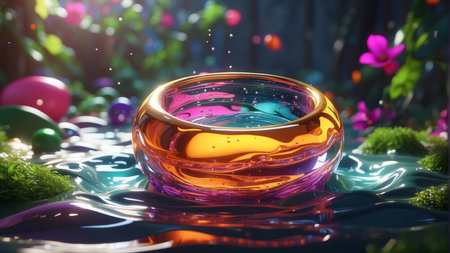 Colorful easter eggs in water. 3d render illustration.の素材