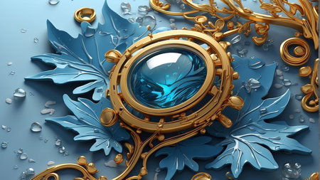 3d illustration of blue background with golden ornament and water drop.の素材