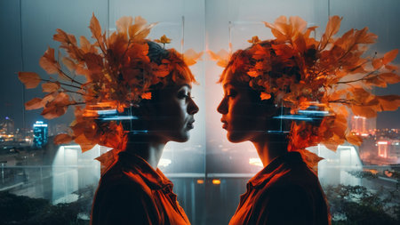 Side view of two beautiful women with wreaths of autumn leaves looking at each otherの素材