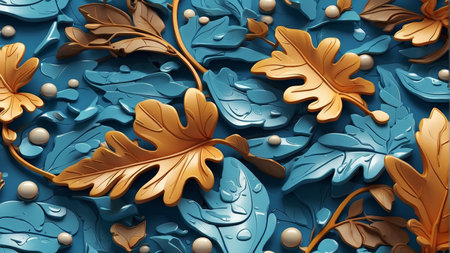 3d render, abstract blue background with golden leaves and pearlsの素材