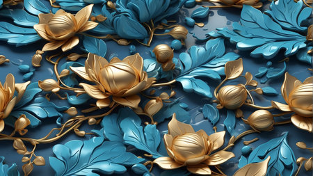 3d render, abstract floral background, gold and blue flowers.の素材