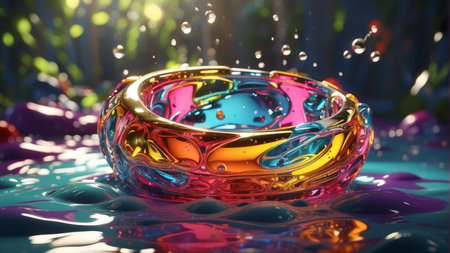 3d illustration of colorful abstract background with water drops and glass ringsの素材