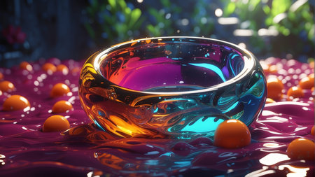 3d rendering of a glass bowl filled with water and orange fruits inside.の素材